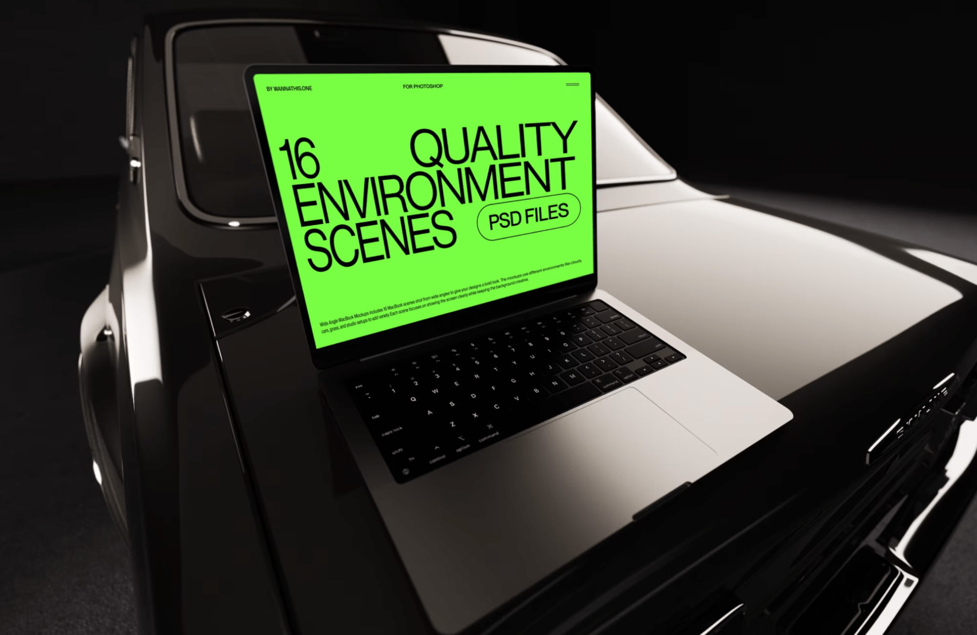 Free MacBook mockup with wide screen placed on a glossy vintage car, perfect for dramatic and cinematic UI/UX presentation.