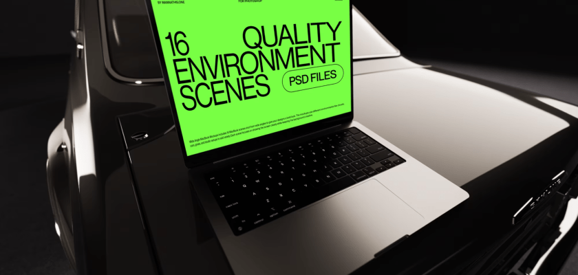 Wide Screen MacBook Mockup on Vintage Car
