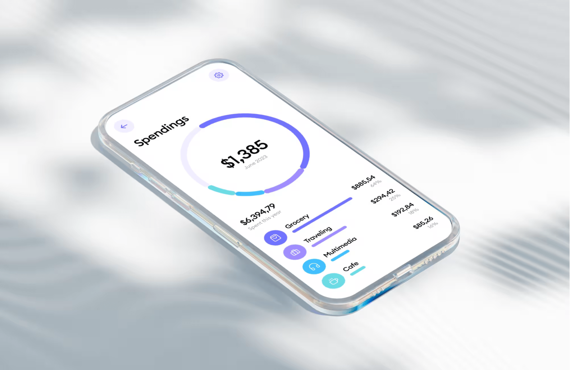 Free glass phone mockup with floating perspective and glass material, ideal for showcasing app or UI design in Photoshop.