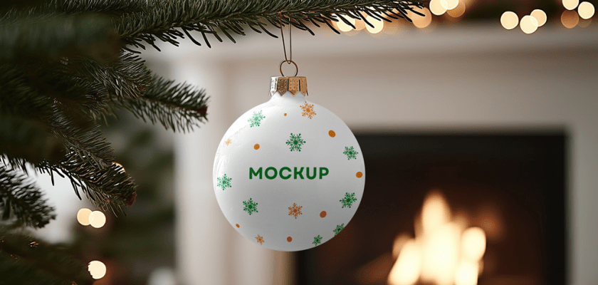 Free holiday ornament mockup PSD on decorated Christmas tree