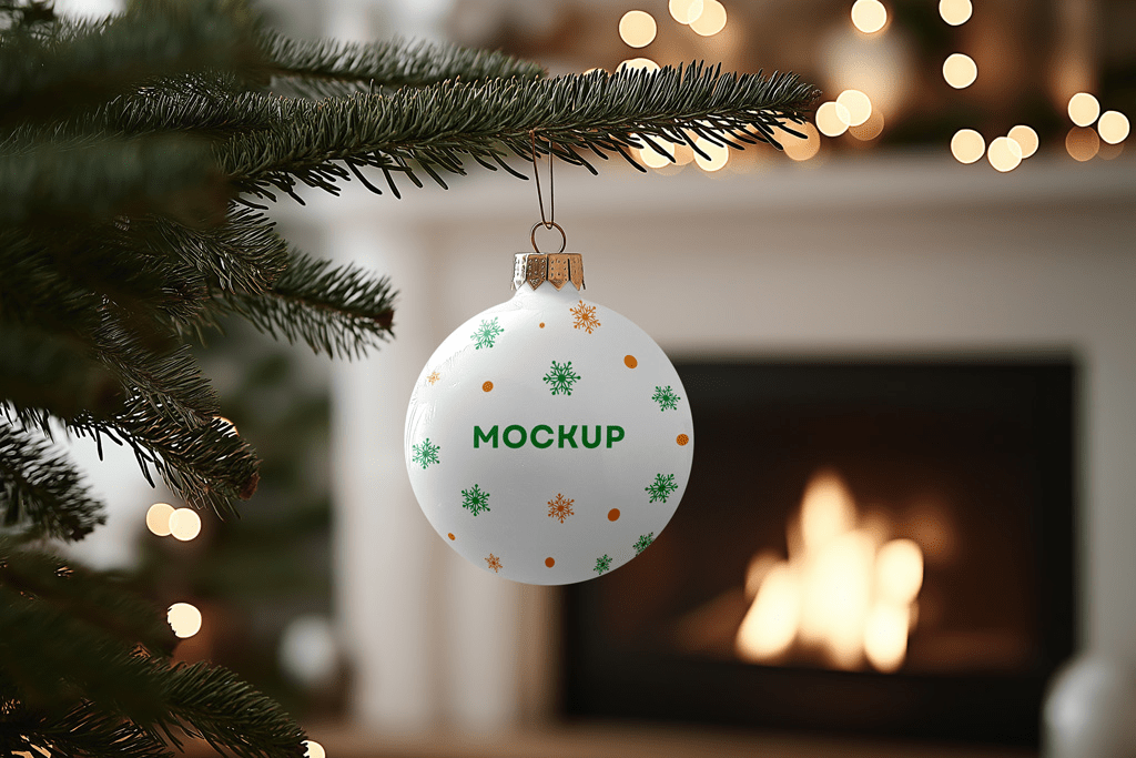 Free holiday ornament mockup PSD on decorated Christmas tree