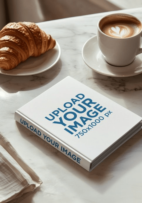Square book mockup on caf&eacute; table with coffee and croissant&rdquo;