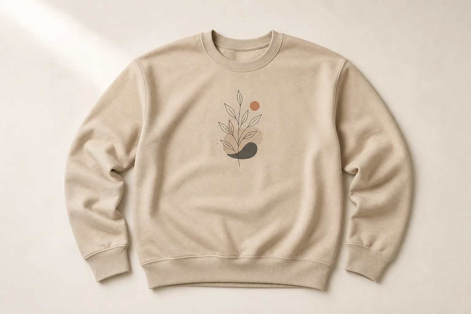Sand crewneck sweatshirt mockup with a botanical chest design