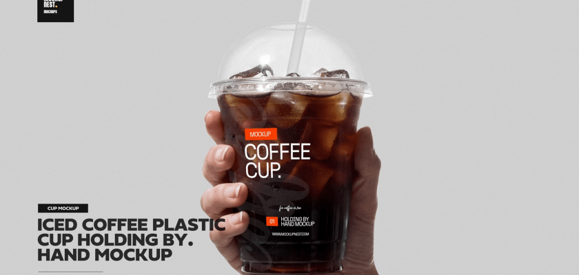 Free iced coffee cup mockup PSD – hand holding a clear plastic takeaway cup