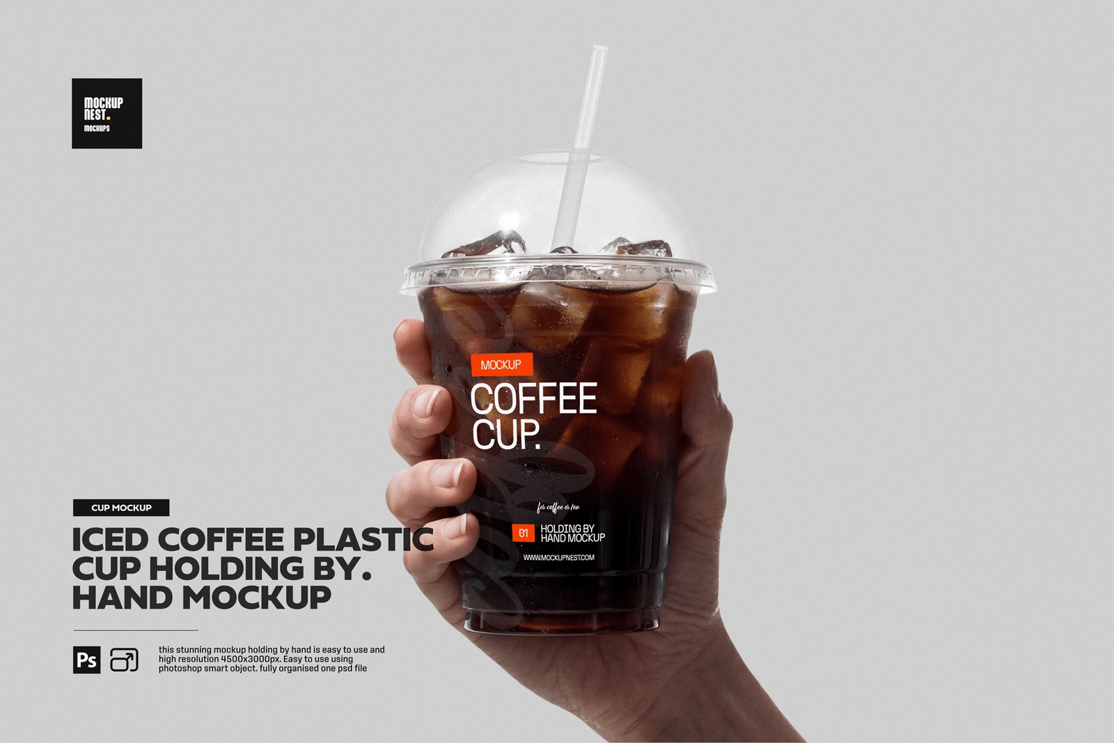 Free iced coffee cup mockup PSD — hand holding a clear plastic takeaway cup