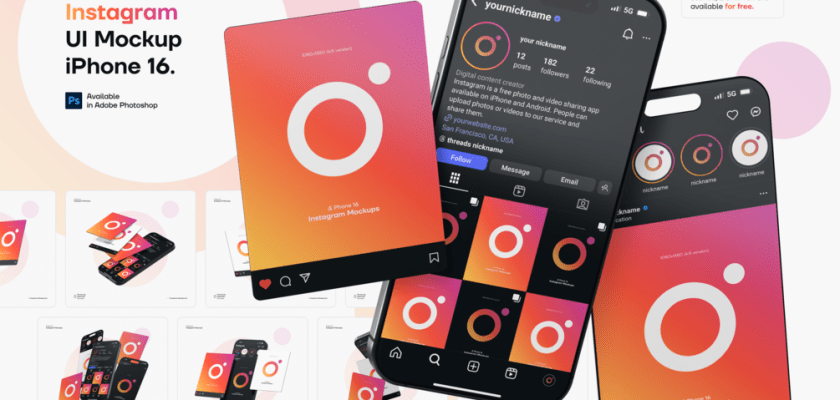 Free Instagram profile mockup PSD with the new 2026 UI on iPhone 16