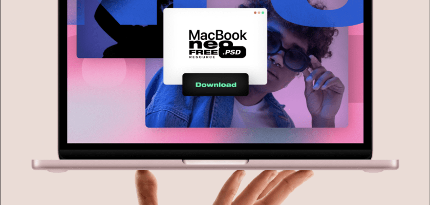 Free MacBook Neo mockup PSD — hand-held laptop on a clean background