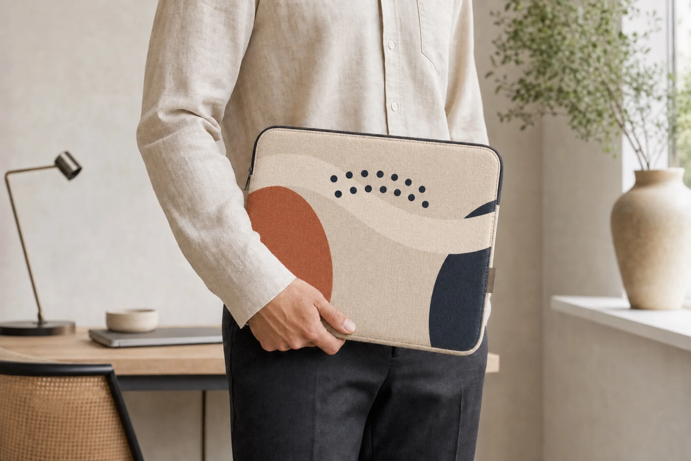 Lifestyle laptop sleeve mockup held by a person in a neutral studio