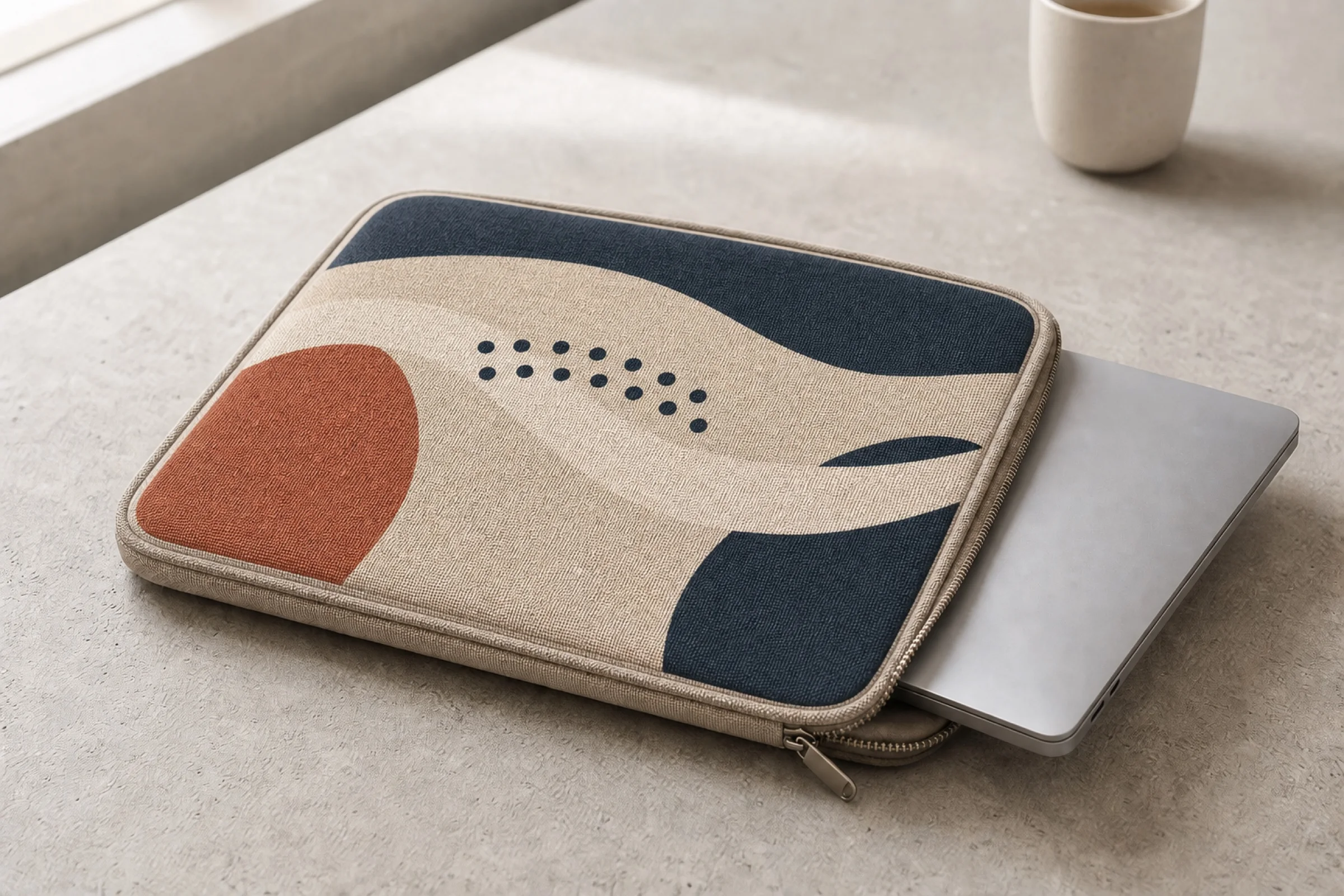 Laptop sleeve mockup with a silver laptop half inside the case