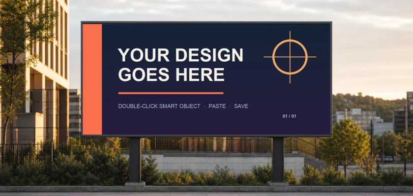 Urban billboard mockup PSD in a golden-hour city scene