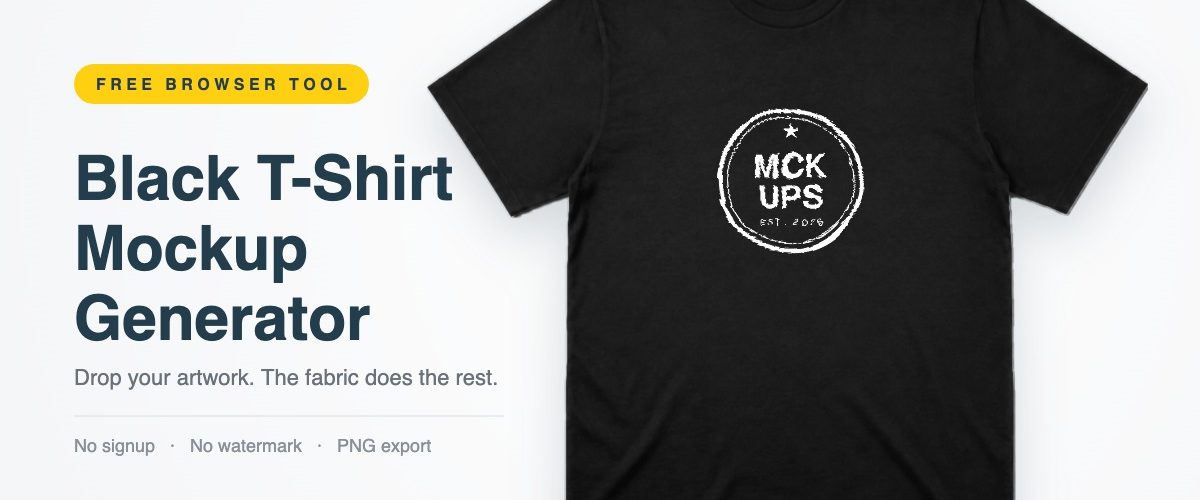 Free black T-shirt mockup generator showing a design placed on a blank black tee