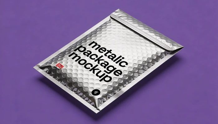 Free bubble mailer mockup PSD - metallic padded envelope in studio lighting