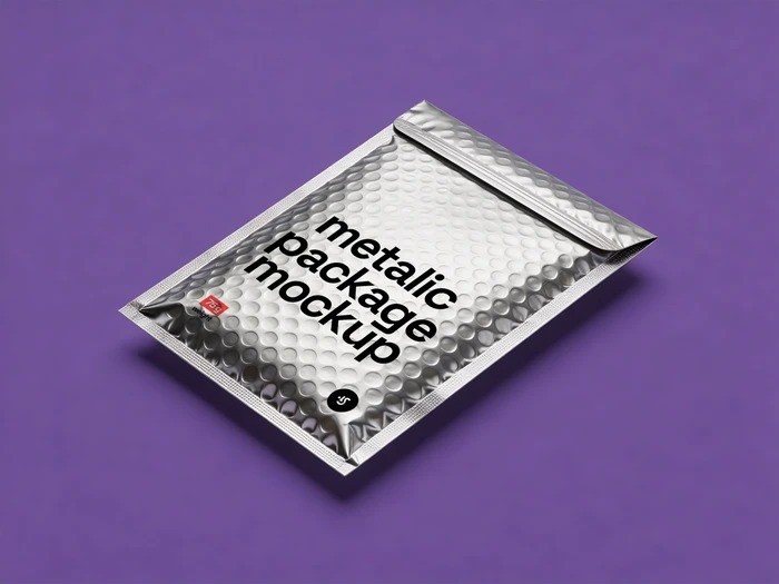 Free bubble mailer mockup PSD - metallic padded envelope in studio lighting