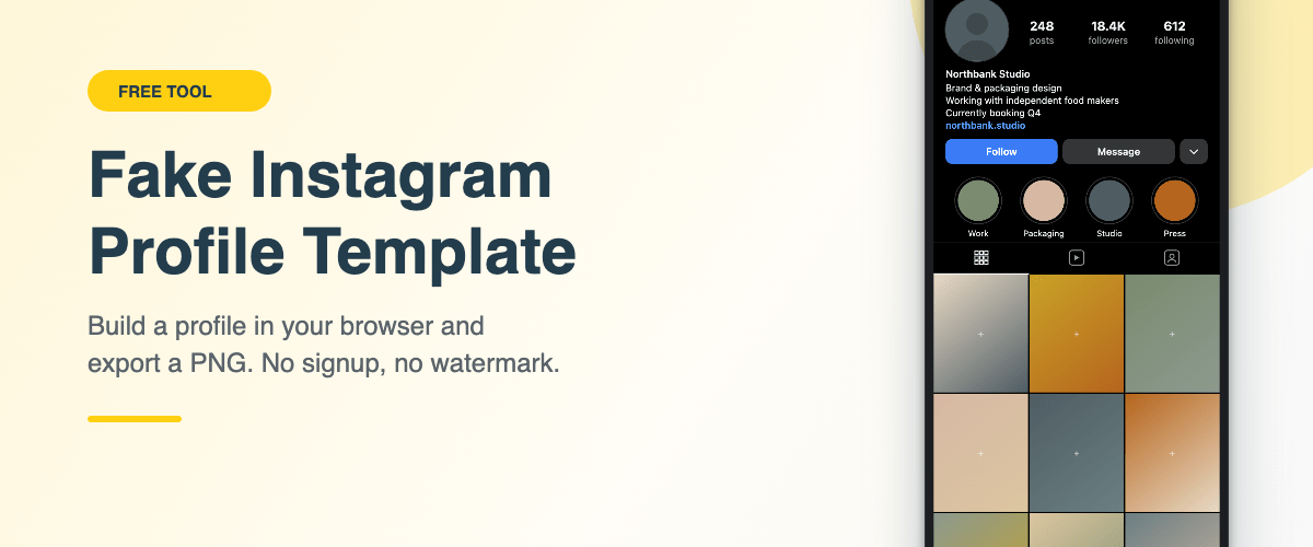 Free editable fake Instagram profile template generator by Mckups, shown on an iPhone