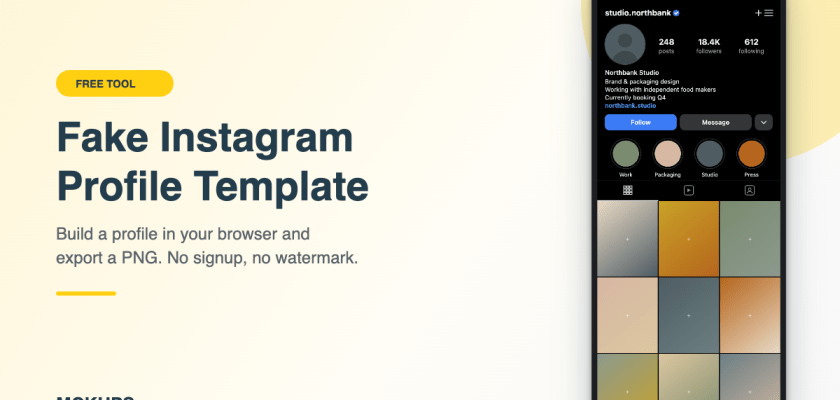 Free editable fake Instagram profile template generator by Mckups, shown on an iPhone