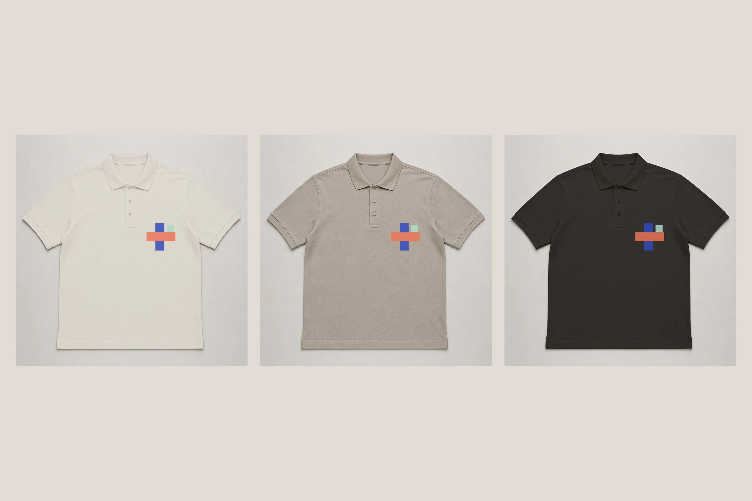 White, neutral greige and black polo shirt mockup color options