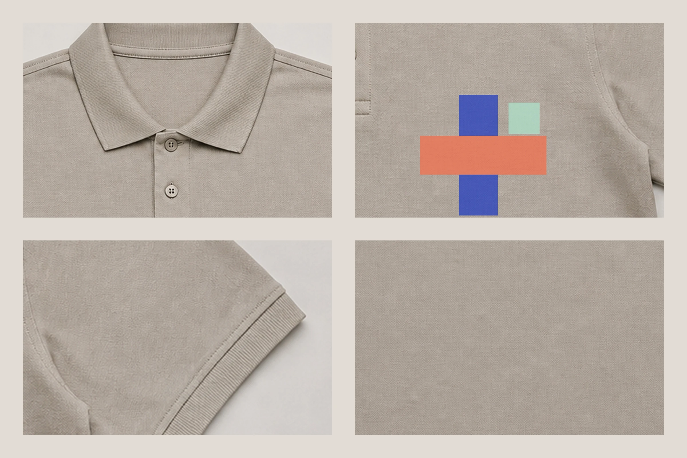 Polo shirt mockup details including collar, chest logo, cuff and fabric texture