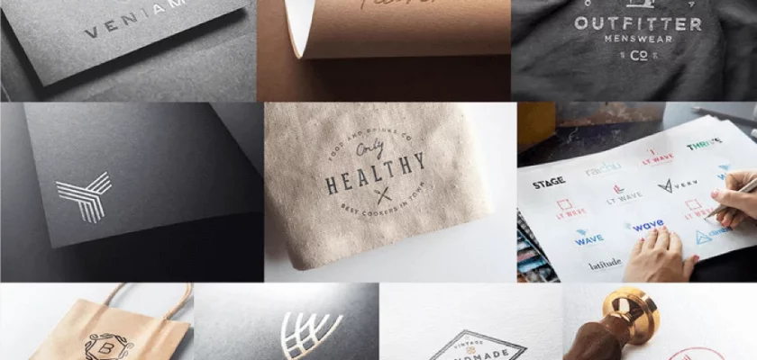 Logo mockup collection showing embossed stationery, fabric branding, a paper bag and a rubber stamp