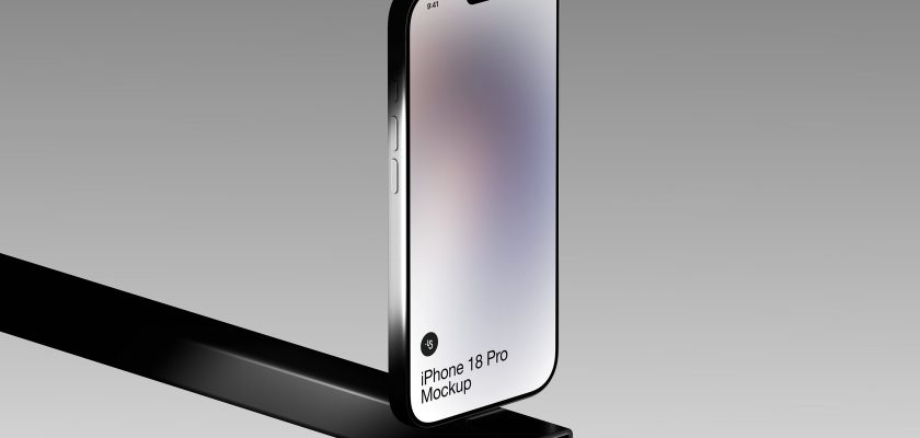 Free iPhone 18 Pro mockup PSD &mdash; phone standing on a black metal beam against a grey background