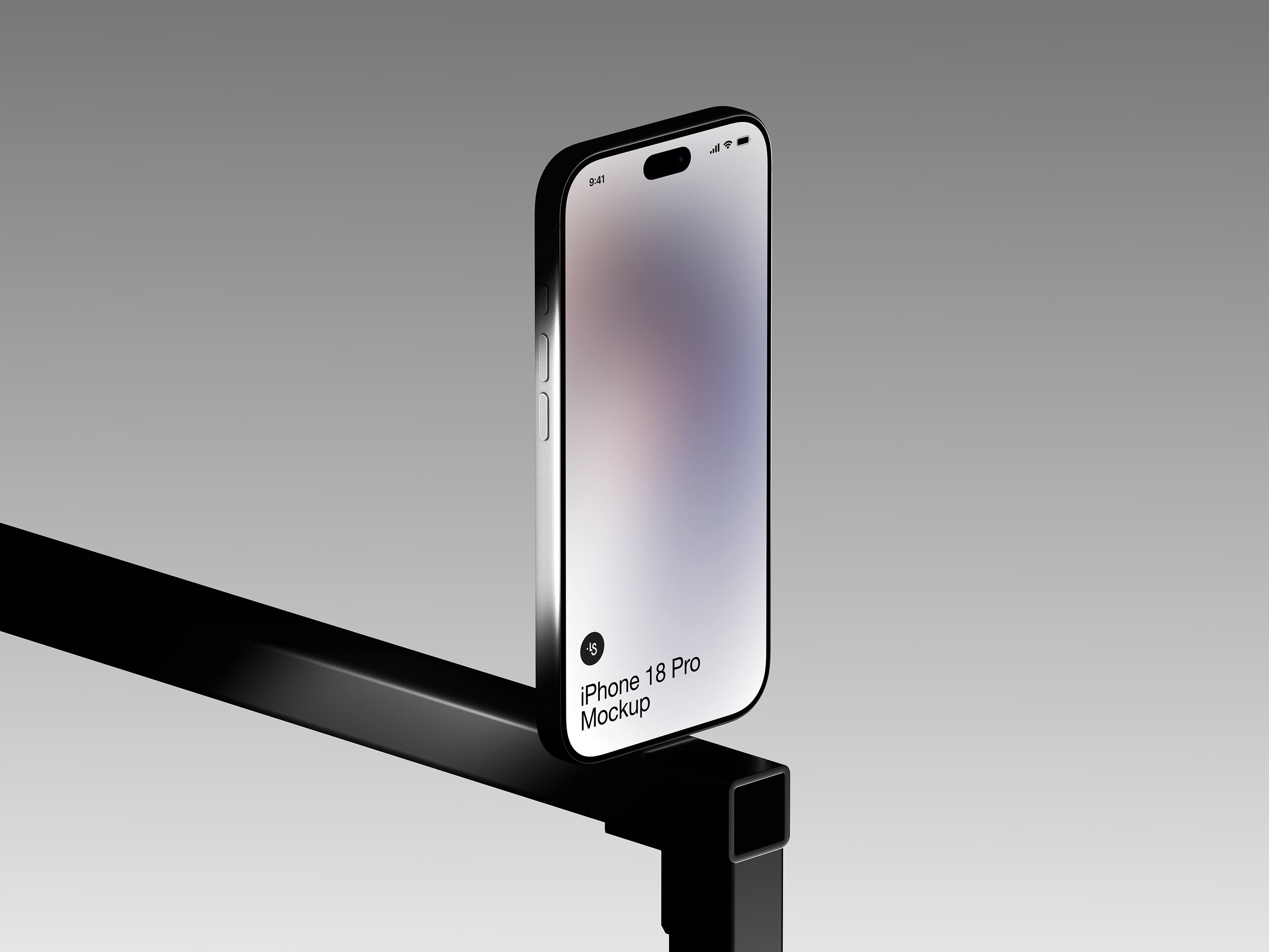 Free iPhone 18 Pro mockup PSD &mdash; phone standing on a black metal beam against a grey background