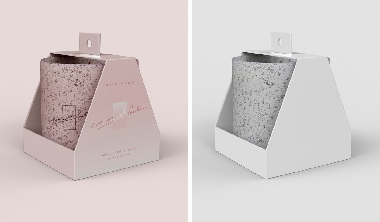 Free candle mockup PSD — speckled ceramic candle inside an open gift box, shown in blush pink and plain white