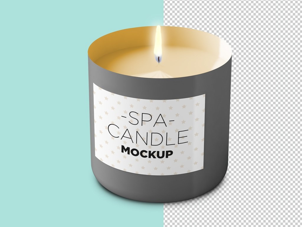 Free candle mockup PSD — grey candle tin with a rectangular spa label, half on a teal backdrop, half on a transparent background