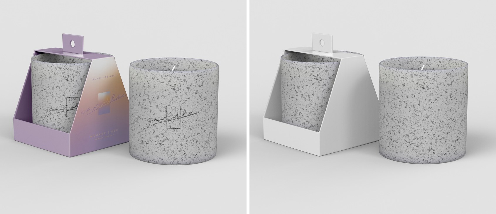 Free candle mockup PSD — two speckled ceramic candles, one in a gift box with a hang tab, shown with a lilac and a plain white box