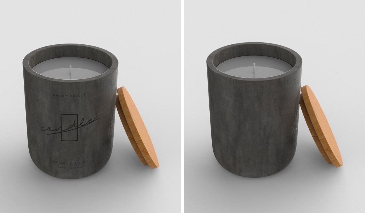 Free candle mockup PSD — dark concrete candle jar with a wooden lid, with and without the sample logo
