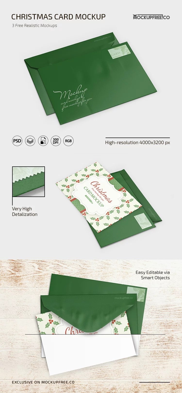 Three free Christmas card and green envelope PSD mockups, angled and top view