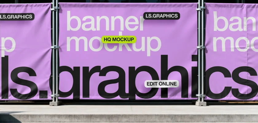 Free construction site banner mockup with a purple fabric banner outside a glass-fronted building