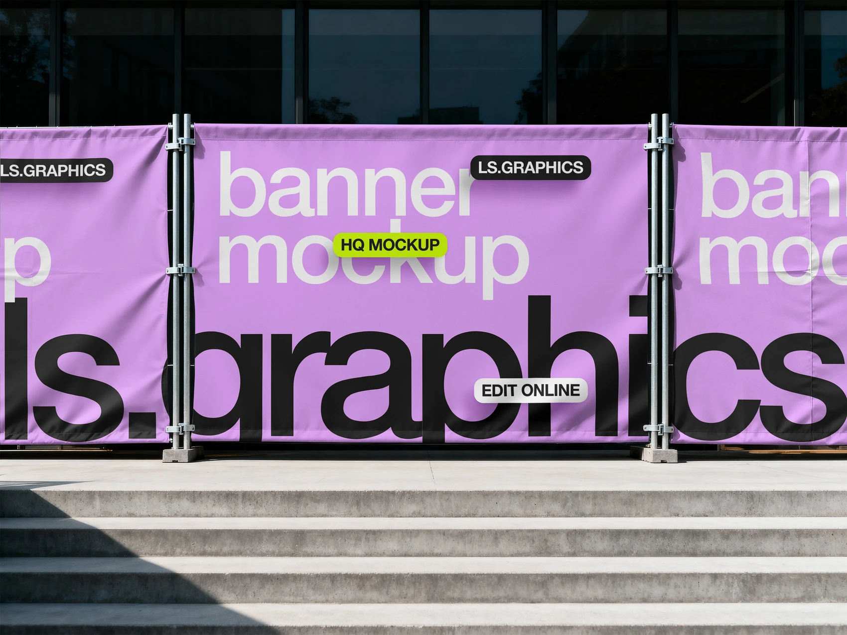 Free construction site banner mockup with a purple fabric banner outside a glass-fronted building