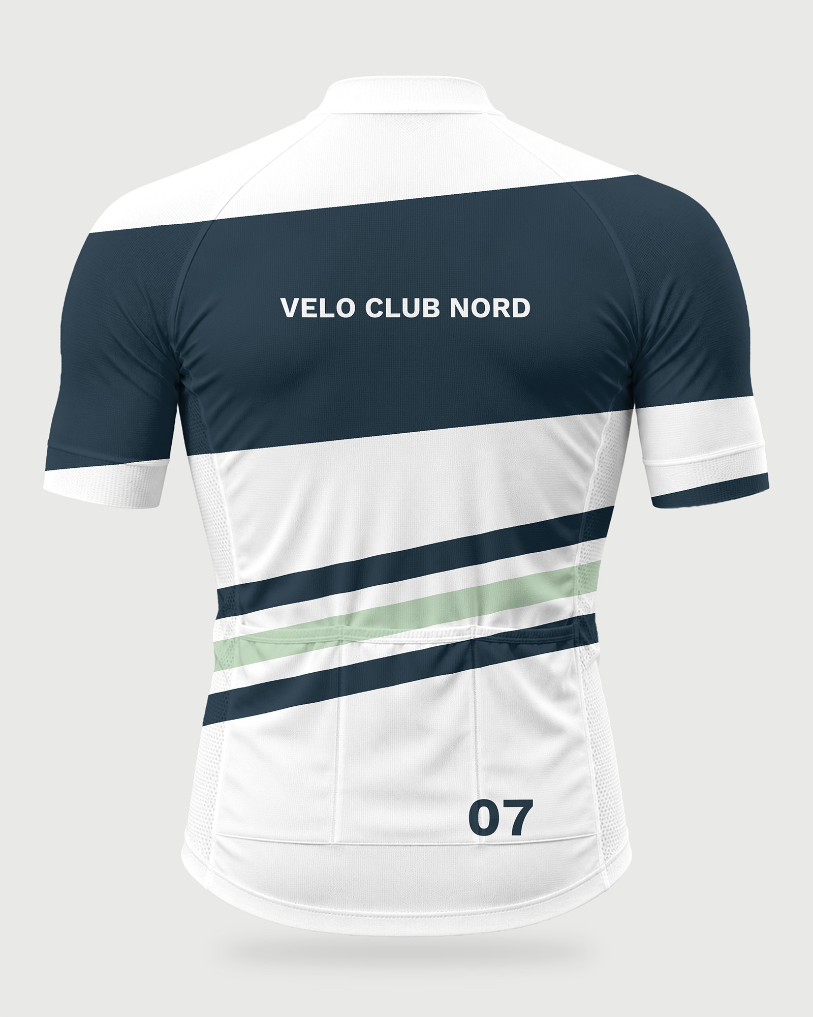 Cycling jersey mockup back view with three rear pockets and a club name across the shoulders