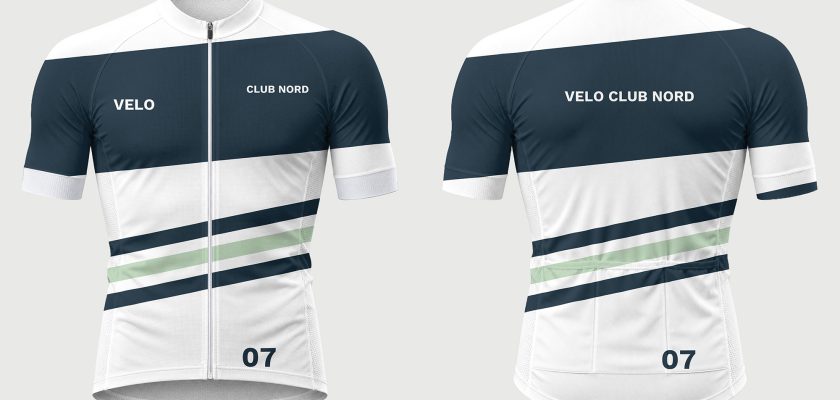 Free cycling jersey mockup PSD, front and back view with a sample club kit design