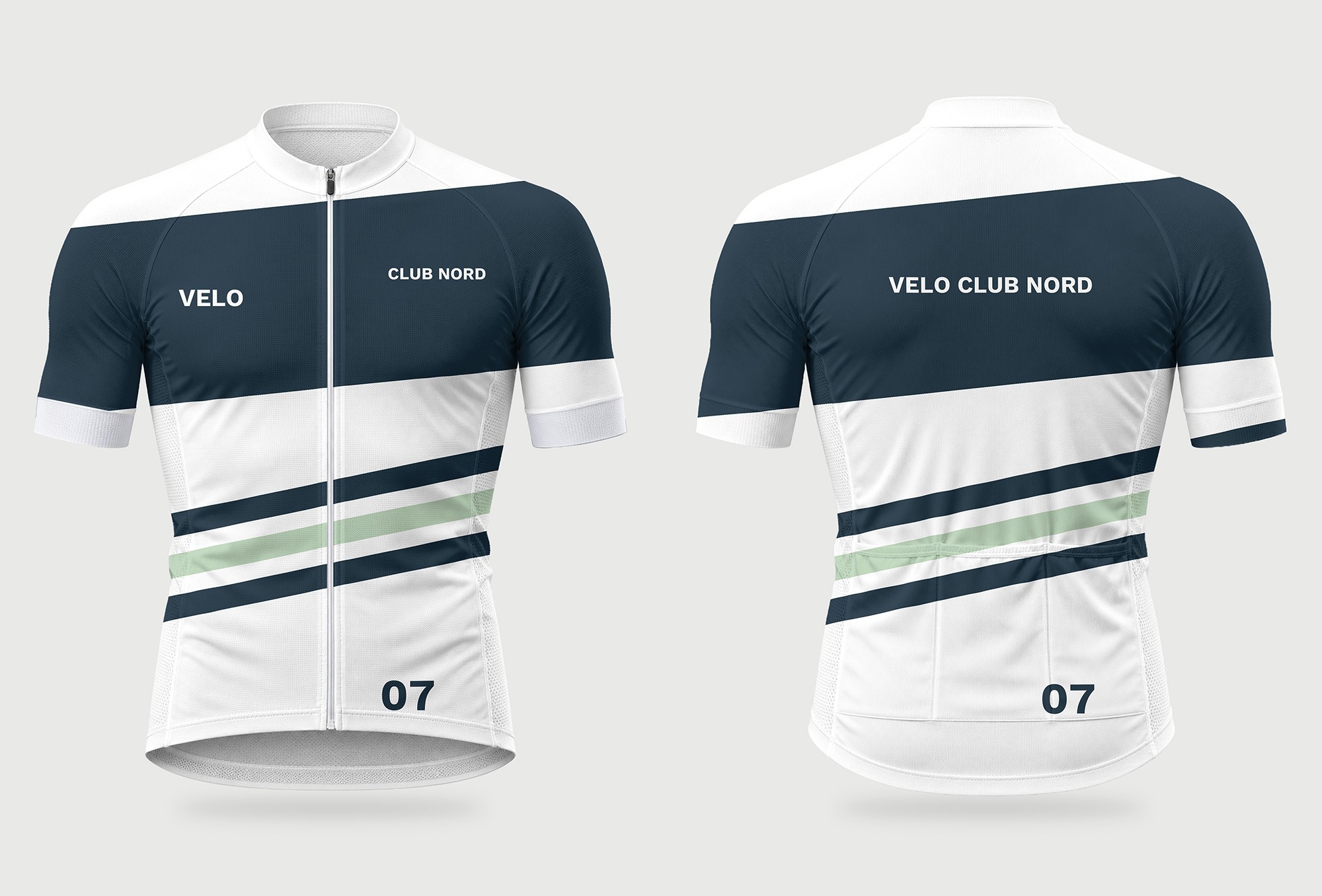 Free cycling jersey mockup PSD, front and back view with a sample club kit design
