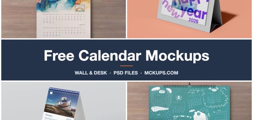 Free calendar mockups — portrait and landscape wall calendars and desk calendar PSD templates