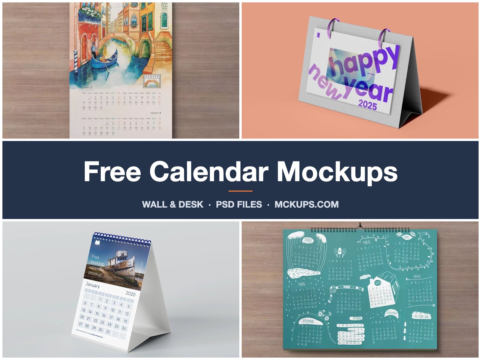 Free calendar mockups — portrait and landscape wall calendars and desk calendar PSD templates