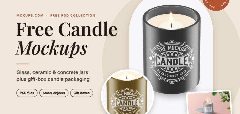 Free candle mockups — glass, spa label, wooden lid and ceramic candle jar PSD templates, plus gift-box packaging