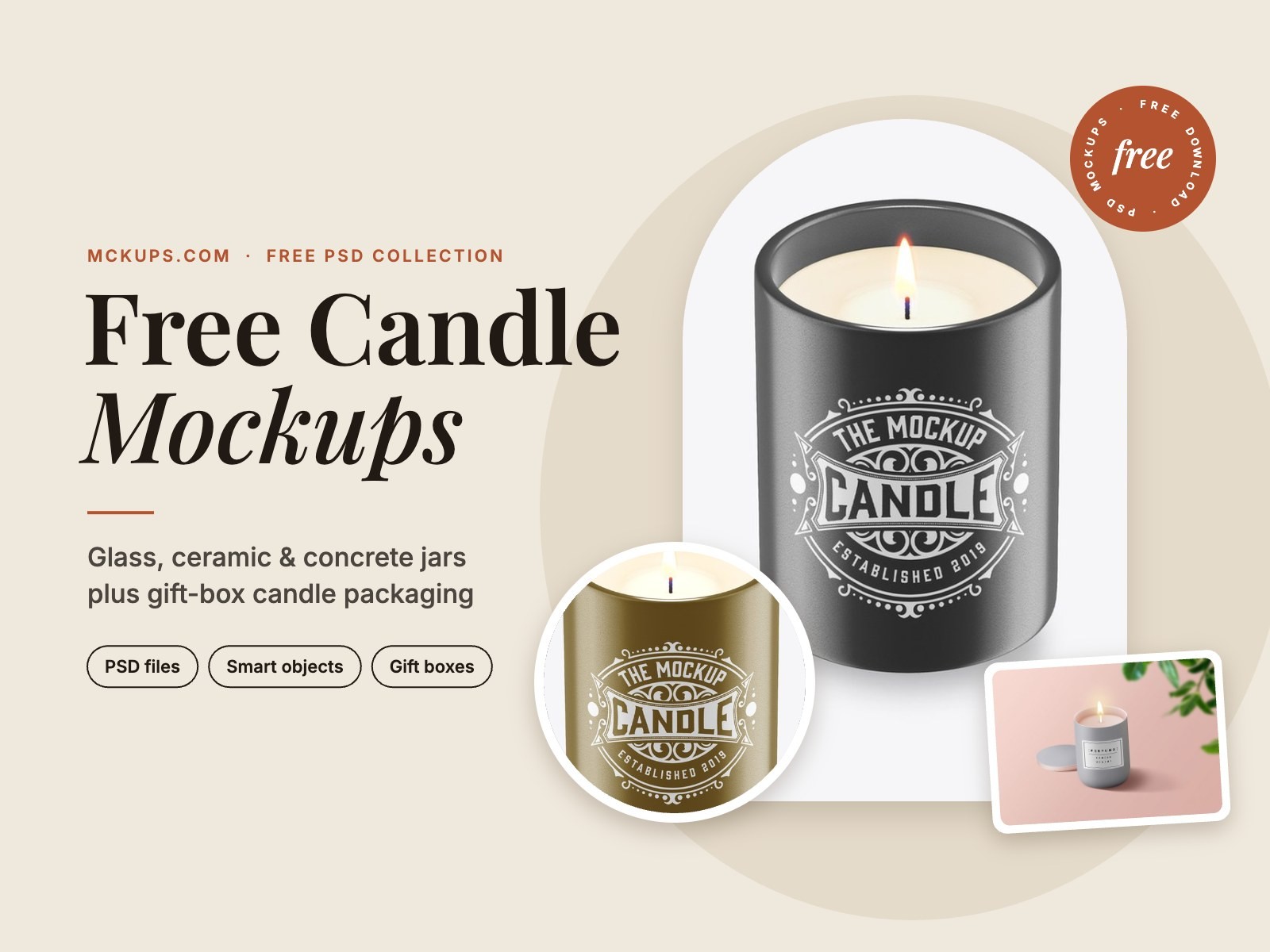 Free candle mockups — glass, spa label, wooden lid and ceramic candle jar PSD templates, plus gift-box packaging