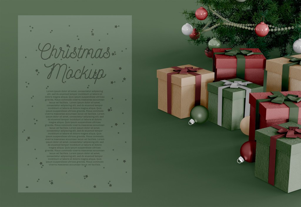Free Christmas mockup PSD &mdash; gift boxes under a Christmas tree with ornaments and a poster