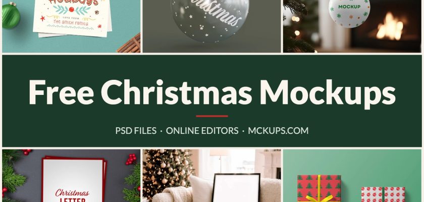 Free Christmas mockups &mdash; Christmas card, ornament, bauble, letter, framed print and gift box PSD templates