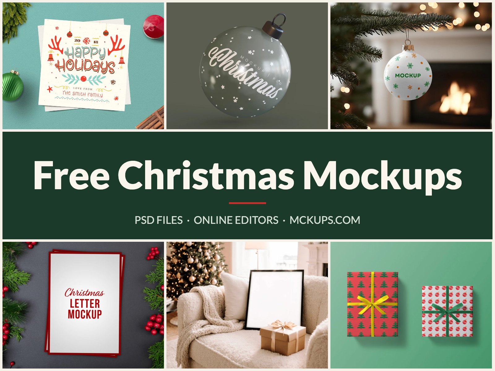 Free Christmas mockups &mdash; Christmas card, ornament, bauble, letter, framed print and gift box PSD templates