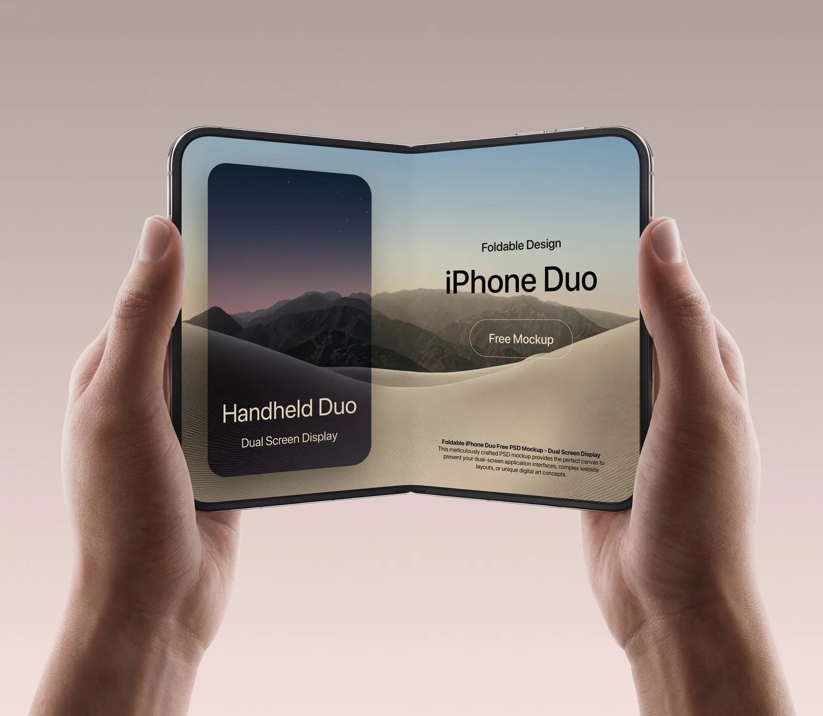 Free iPhone Duo mockup PSD &mdash; open in two hands, dual screen