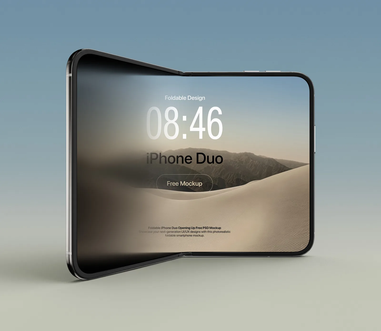 Free iPhone Duo mockup PSD &mdash; half-opened foldable standing upright