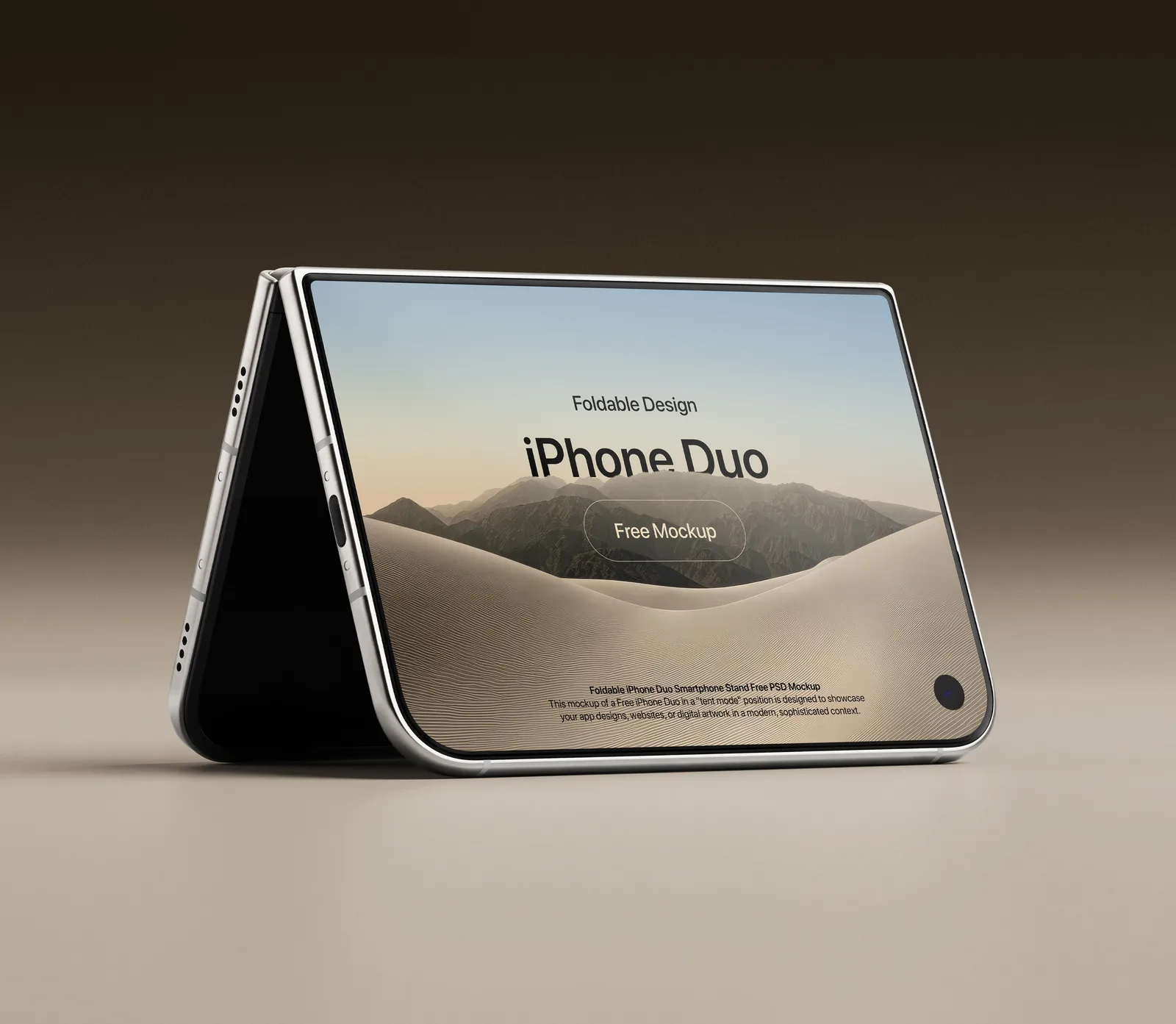 Free iPhone Duo mockup PSD &mdash; standing in tent mode, two smart objects