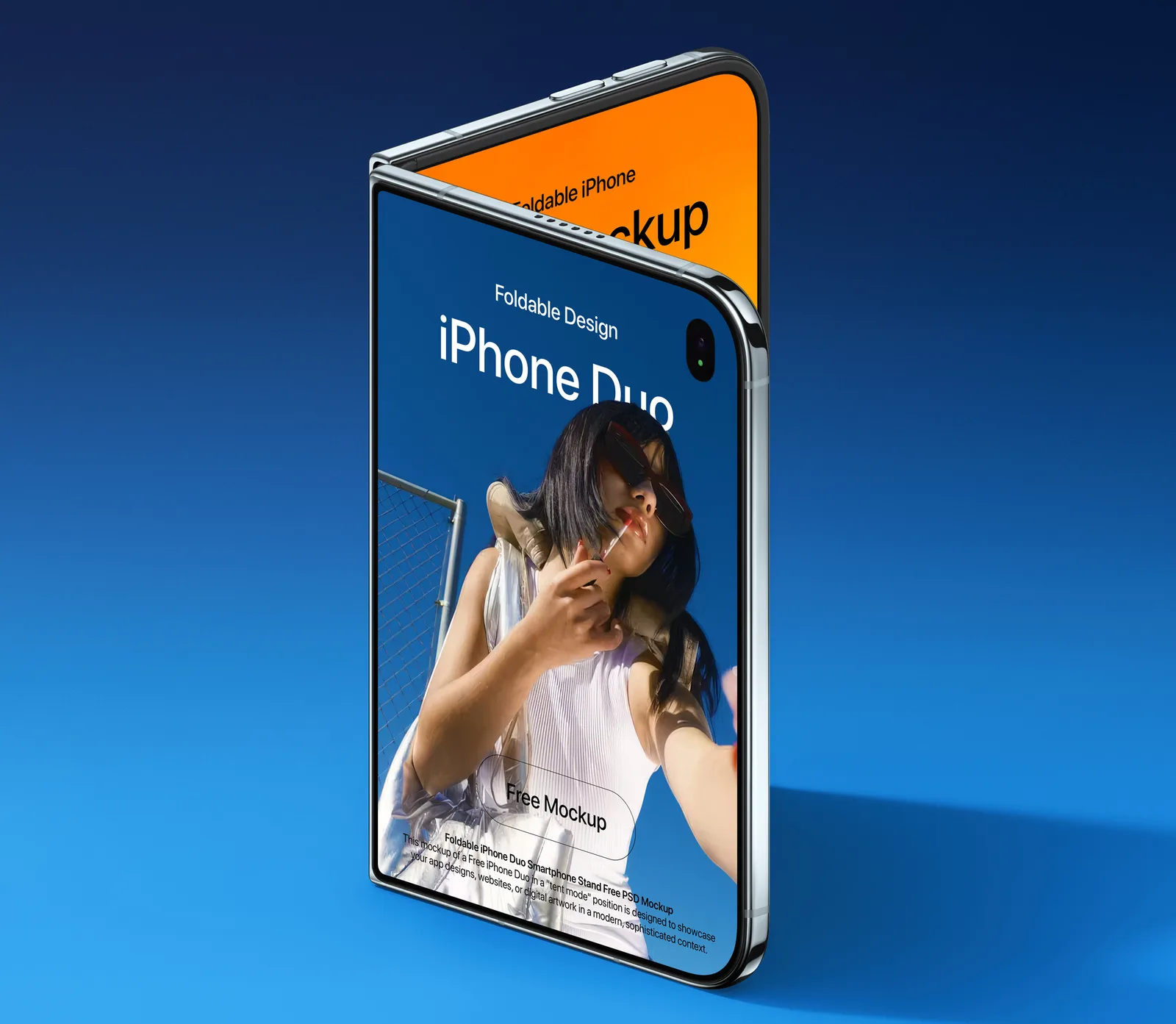 Free iPhone Duo mockup PSD &mdash; tent mode on a blue backdrop