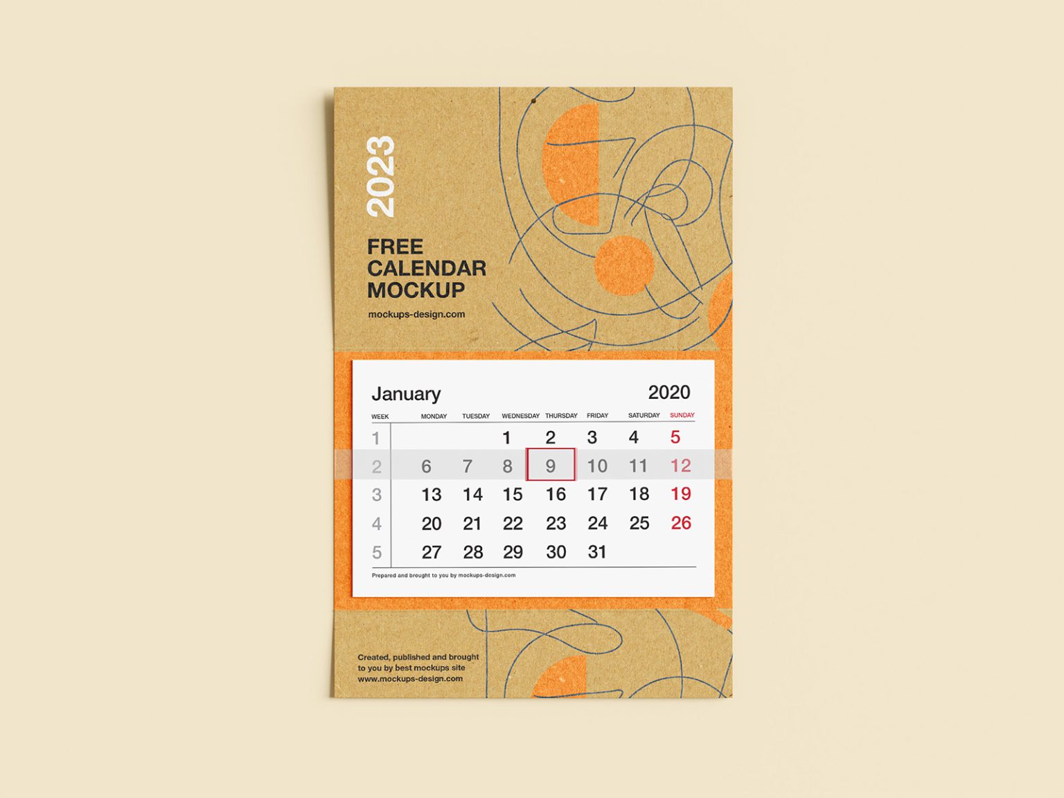 Free calendar mockup PSD — kraft paper wall calendar with a date selector bar