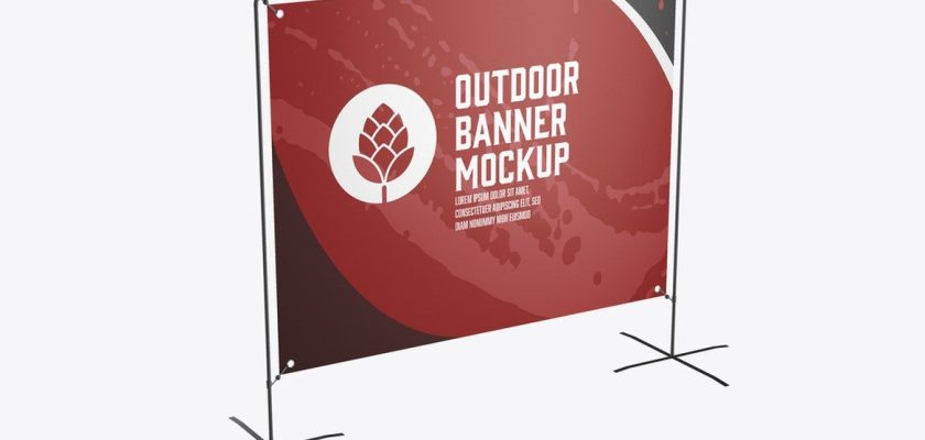 Free stand banner mockup PSD: outdoor banner on a black metal frame stand