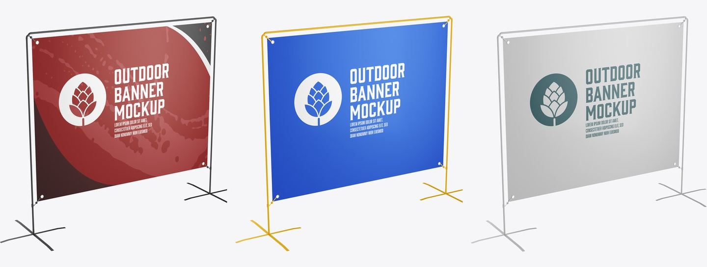 Free stand banner mockup: outdoor banner on a metal stand in black, yellow and white