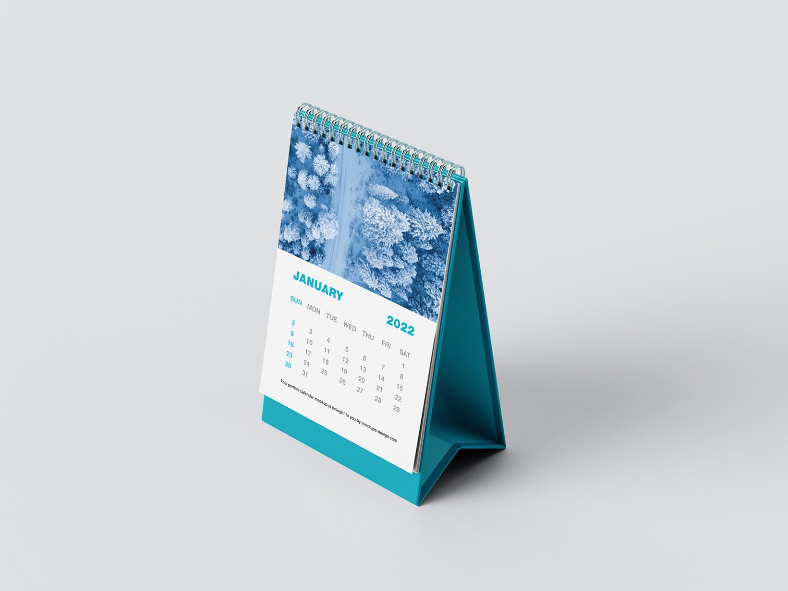 Free calendar mockup PSD — spiral desk calendar on a teal stand